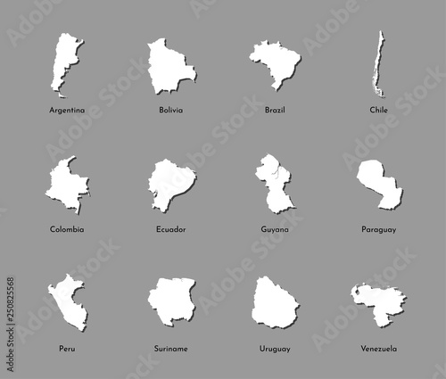 Vector illustration set with simplified maps of all South America states (countries: Argentina, Brazil, Chile, Ecuador, Peru and others). White silhouettes, grey background. Alphabet order