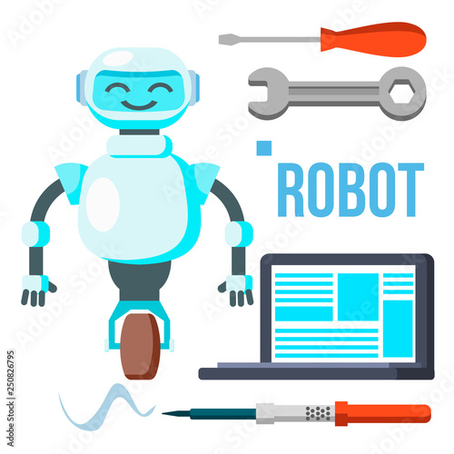 Robot With Laptop Vector. Homemade Assistant Helper. Isolated Flat Cartoon Illustration