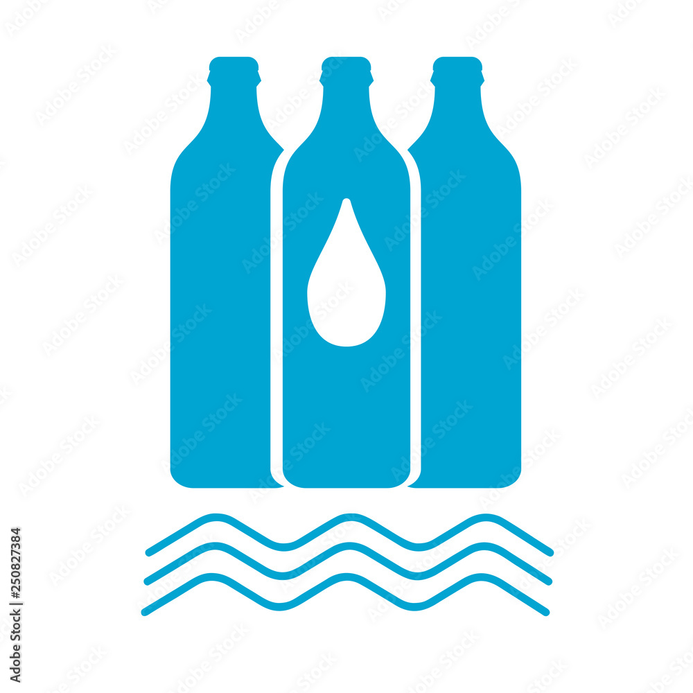 Vector icon glass water bottle with waves and drop Vector icon glass water bottle with waves and drop