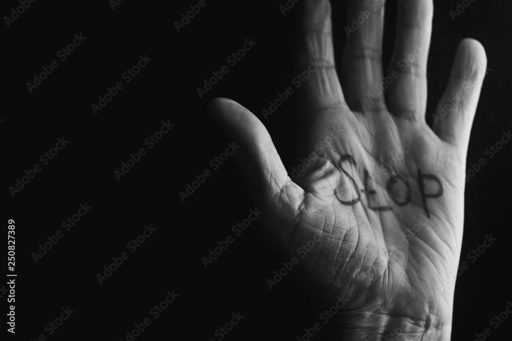 Fototapeta premium Open palm of old granny black and white photo