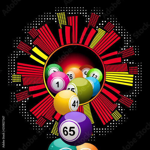 Bingo lottery balls falling from cityscape border