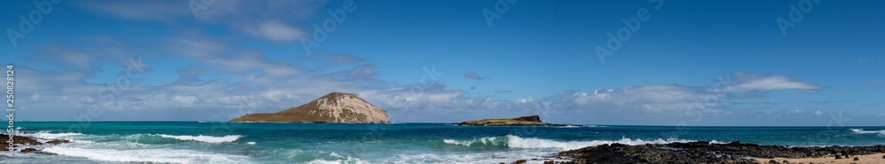 Panoramic view of Makapuu beach with Rabbit Island Panoramic view of Makapuu beach with Rabbit Island