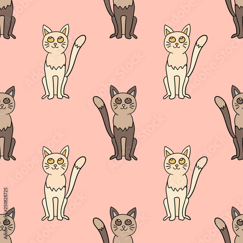 Cartoon doodle cats seamless pattern. Hand drawn animals background. Vector illustration. 