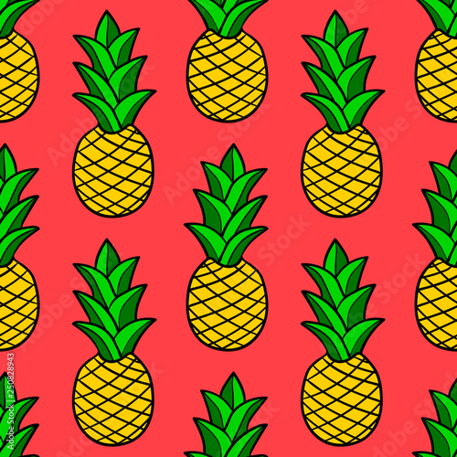 Cartoon doodle pineapple seamless pattern. Hand drawn fruit background. Vector illustration. 