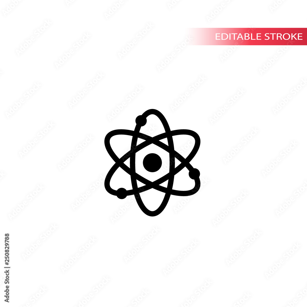 Atom simple black vector icon. Atom structure chemistry isolated line icon. Editable stroke. Atom simple black vector icon. Atom structure chemistry isolated line icon. Editable stroke.