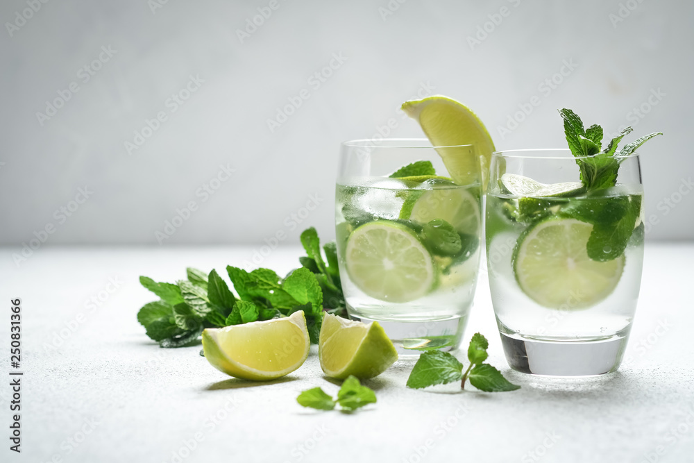 Mojito cocktail with mint and lime on a light background Copy space. Mojito cocktail with mint and lime on a light background Copy space.