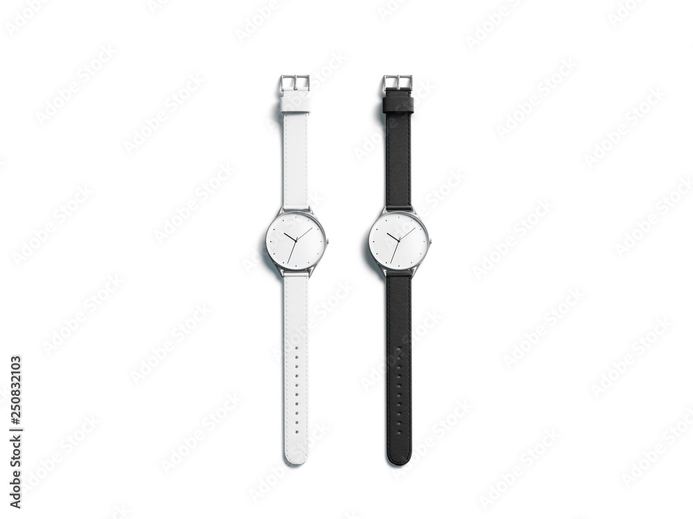 Blank black and white watch wristlet mockup set, isolated, 3d rendering. Empty clockface with leather band mock up, top view. Clear gift jewelry with glass screen. Hand quartz dial template. Blank black and white watch wristlet mockup set, isolated, 3d rendering. Empty clockface with leather band mock up, top view. Clear gift jewelry with glass screen. Hand quartz dial template.