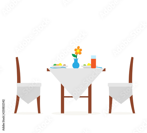 Table with vase and flower vector, cafe decoration. Restaurant with served food on desk tablecloth and floral decor of eatery, fruits on plate isolated