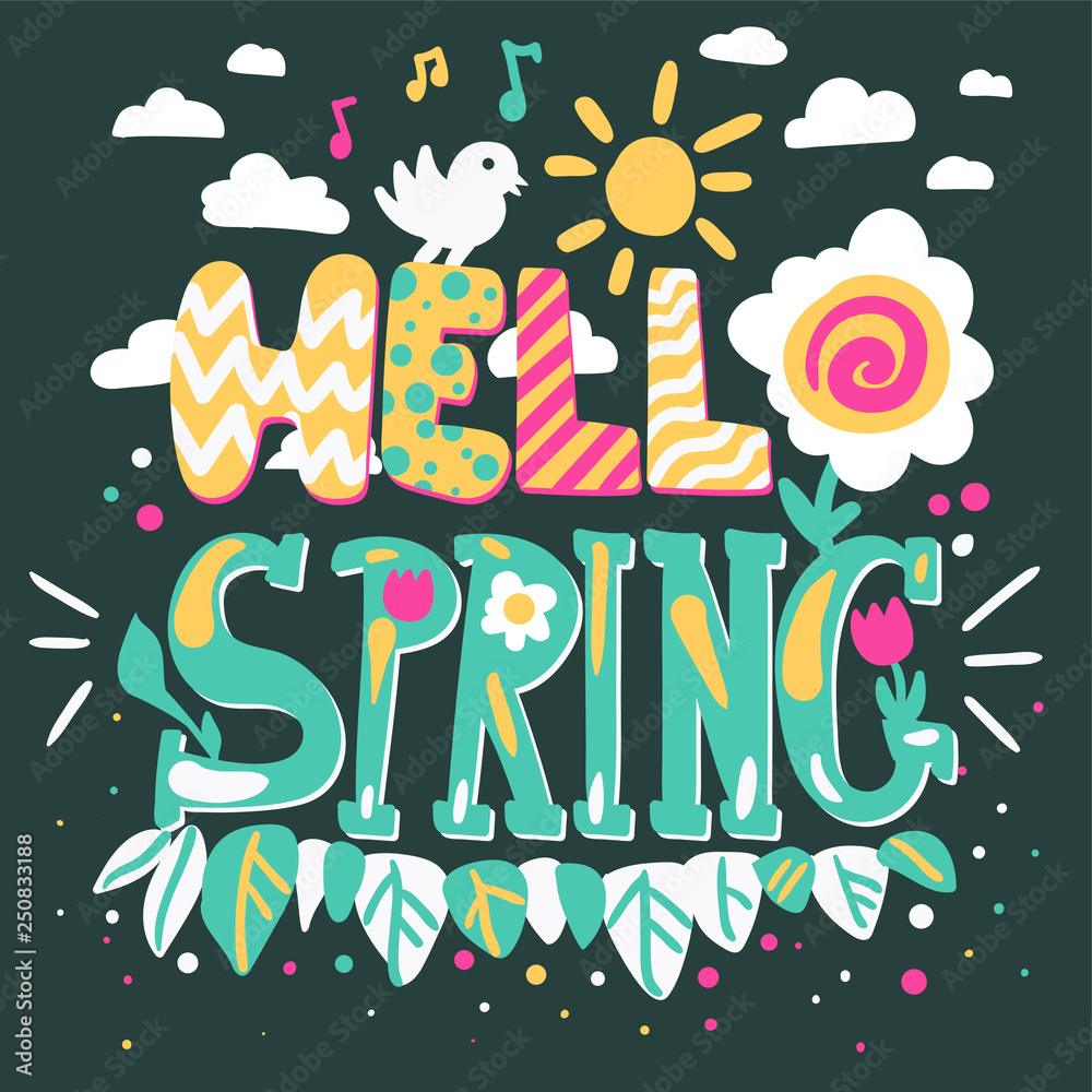 Hello spring cartoon vector lettering