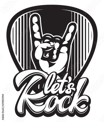 Vector template with stylish design of guitar plectrum with hand and Calligraphic inscription Lets Rock