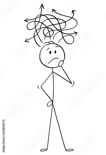Cartoon stick figure drawing conceptual illustration of confused man or businessman thinking about problem.