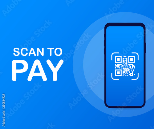 Scan to pay. Smartphone to scan QR code on paper for detail, technology and business concept. Vector illustration.