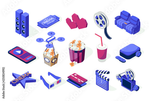 Set of isometric icons. Cinema and movies. Popcorn, cola, 3d eyeglasses, online watching, hearts, camera, credit cards, tickets, drone, projector, loudspeakers. Flat illustration on a white background