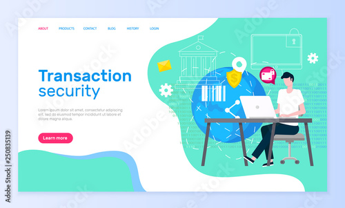Transaction security online support service web page vector. Global network and Internet shopping safety and payment, operator at laptop answering messages. Website template landing page in flat