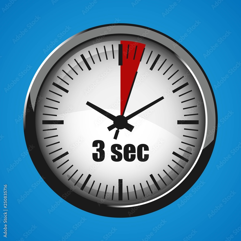 Three Seconds Clock on blue background. Clock 3d icon. Stopwatch icon. Three Seconds Clock on blue background. Clock 3d icon. Stopwatch icon.