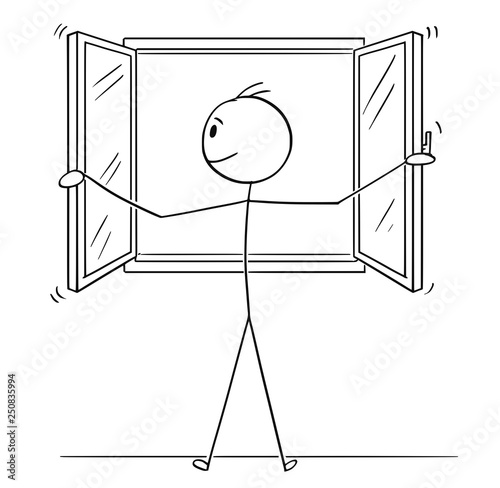 Cartoon stick figure drawing conceptual illustration of man opening window.