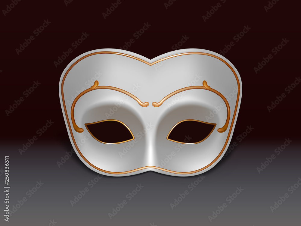 White colombina half-face mask decorated with golden ornament 3d realistic vector icon on black background. Venetian or Mardi Gras carnival, holiday masquerade, costumed party dressing illustration