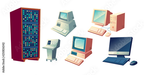 Computers evolution cartoon vector concept. Vintage old computing stations, retro system units and monitors, modern desktop PC with keyboard and mouse illustrations set isolated on white background