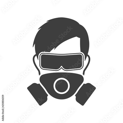 Logo man in a mask and protective glasses - personal protective equipment. Vector on white background