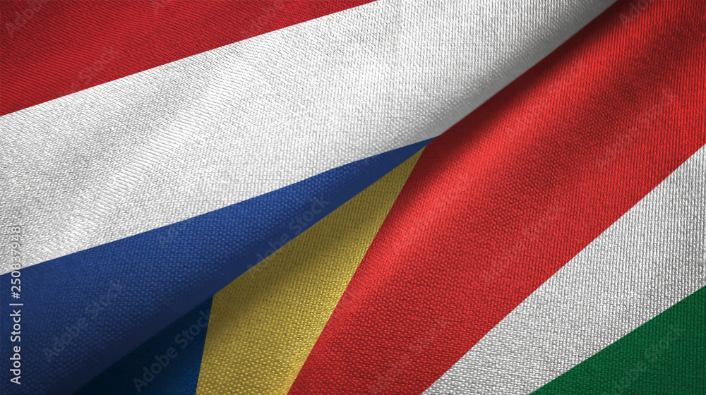 Netherlands and Seychelles two flags textile cloth, fabric texture