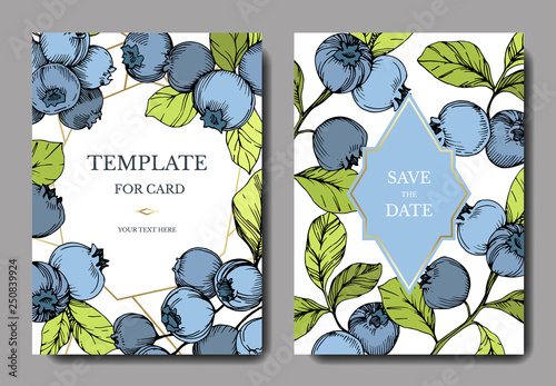 Vector Blueberry blue and green engraved ink art. Berries and green leaves. Wedding background card decorative border.