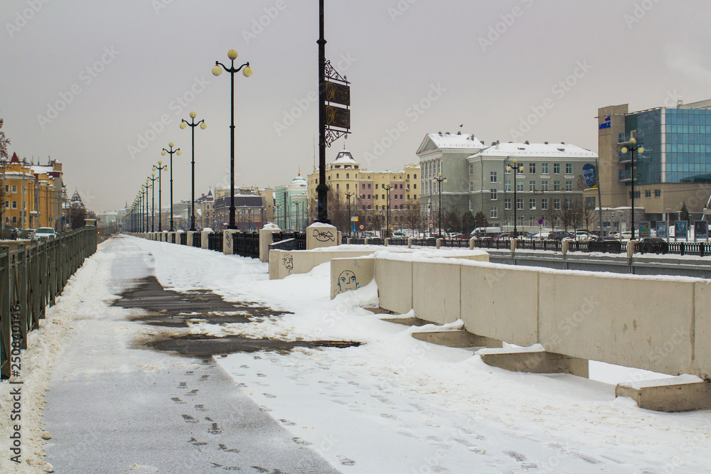 Kazan winter landscape at the walls of the Kazan Kremlin