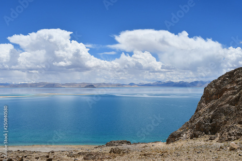 China. Great lakes of Tibet. Lake Teri Tashi Namtso in sunny summer weather