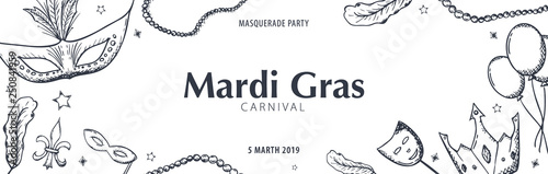 Mardi gras carnival party. Masquerade. Fat tuesday, festival. Vector illustration.