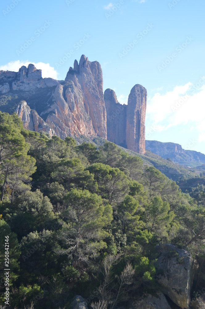 Fototapeta premium Precious Geological Formations Of The Mallos Of Riglos In Riglos. Landscapes, Nature, Geology. December 28, 2014. Riglos, Huesca, Spain.