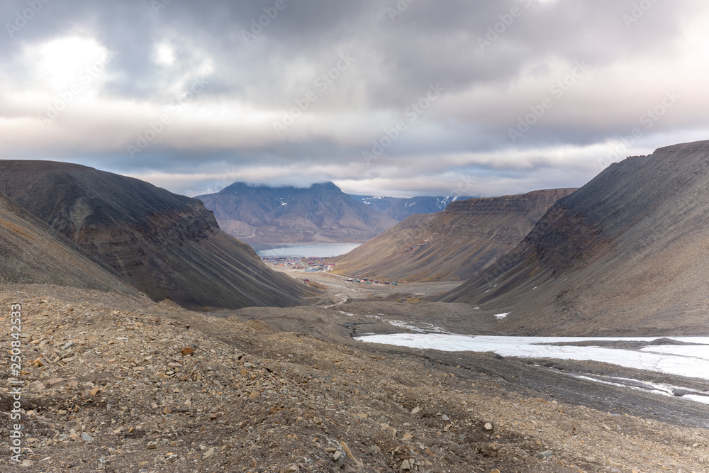 View over Longyearbyen from above - the most Northern settlement in the world. Svalbard, Norway