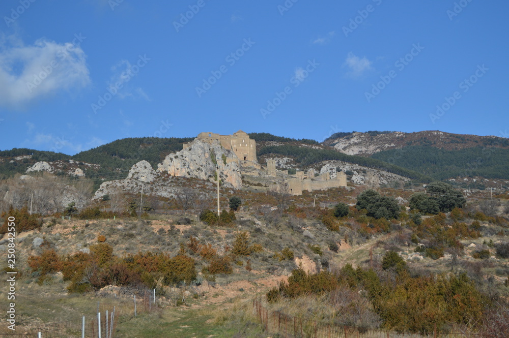 Views From Riglos Village Of The Roman Castle Of Loarre Dating From The 11th Century It Was Built By King Sancho III. Landscapes, Nature, History. December 28, 2014. Riglos, Huesca, Spain.