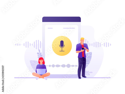Voice assistant. Young people with gadgets near smartphone. Speaker recognition, voice controlled smart speaker. Voice activated digital assistants, identification. Flat concept vector illustration.