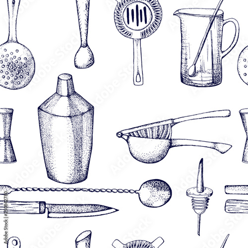 Bartender equipment for making cocktail.Hand drawn illustration.Bar tools. Bar accessories.Stirring spoon, knife,juicer,muddler,pitcher,jigger,strainer,shaker.