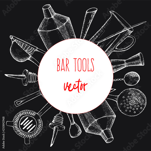 Bartender equipment for making cocktail.Hand drawn illustration.Bar tools. Bar accessories.Stirring spoon, knife,juicer,muddler,pitcher,jigger,strainer,shaker.