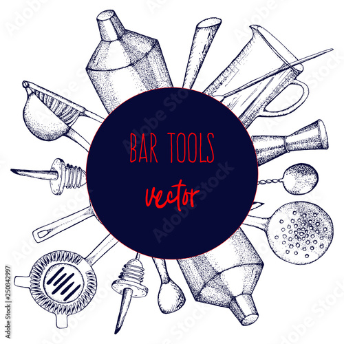 Bartender equipment for making cocktail.Hand drawn illustration.Bar tools. Bar accessories.Stirring spoon, knife,juicer,muddler,pitcher,jigger,strainer,shaker.