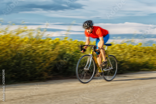 A cyclist rides on a road bike quickly along fields of sunflowers.