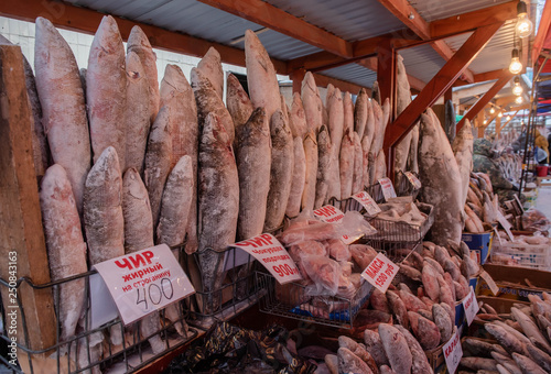 Yakutsk, Republic of Yakutia, Russia. 01.16.2019.The coldest market in the world is in the city of Yakutsk. It sells fresh-frozen fish, meat, berries. The temperature drops to -57 degrees.