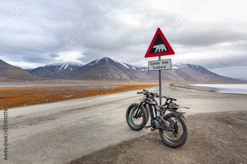 Polar bear warning sign in Longyearbyen - the most Northern settlement in the world. Svalbard, Norway