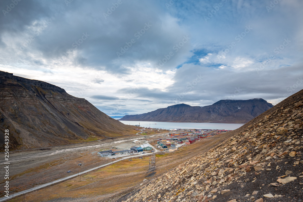 View over Longyearbyen from above - the most Northern settlement in the world. Svalbard, Norway