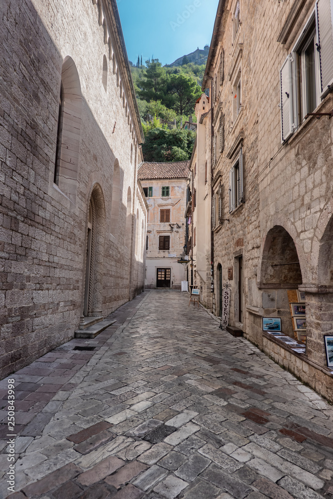 Small streets and shops in Kotor city in Montenegro