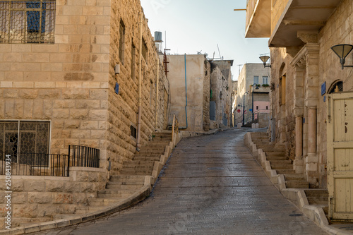 Empty narrow street in historical old town Bethlehem  Palestine. Copy space.