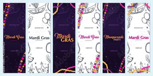 Set of banners Mardi gras carnival party. Masquerade. Fat tuesday, festival. Vector illustration.