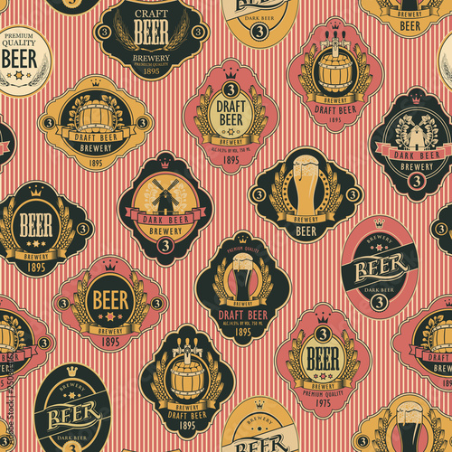 Vector seamless pattern on the theme of beer with various beer labels with images of barrels, beer glasses, mills, laurel wreathes, ears of wheat and other in retro style on the striped background