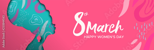Happy Womens Day pink banner of african woman head