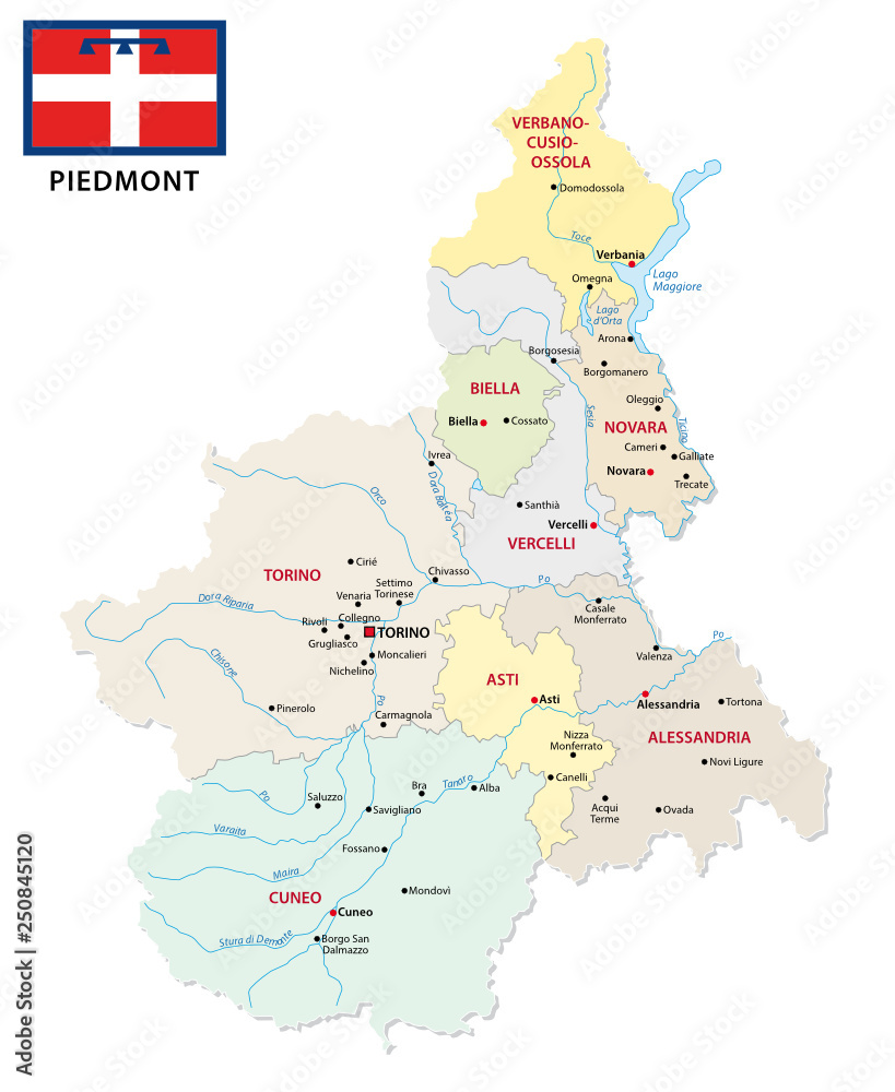 piedmont administrative and political vector map with flag