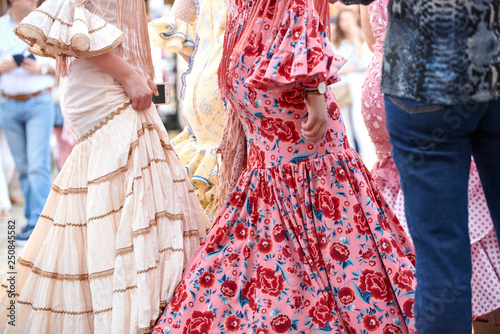 Close up view of women wearing traditional spanish dresses (flamenco) 