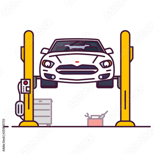 Front view of white luxury sedan car with electro engine. Line style vector illustration. Vehicle and transport banner. Modern electric car charging station banner. Gas station with electric charger.