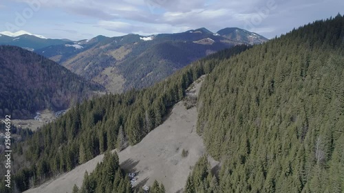 Aerial shot: Beautiful view of Transcarpathian mountains at winter. Dzembronya photo