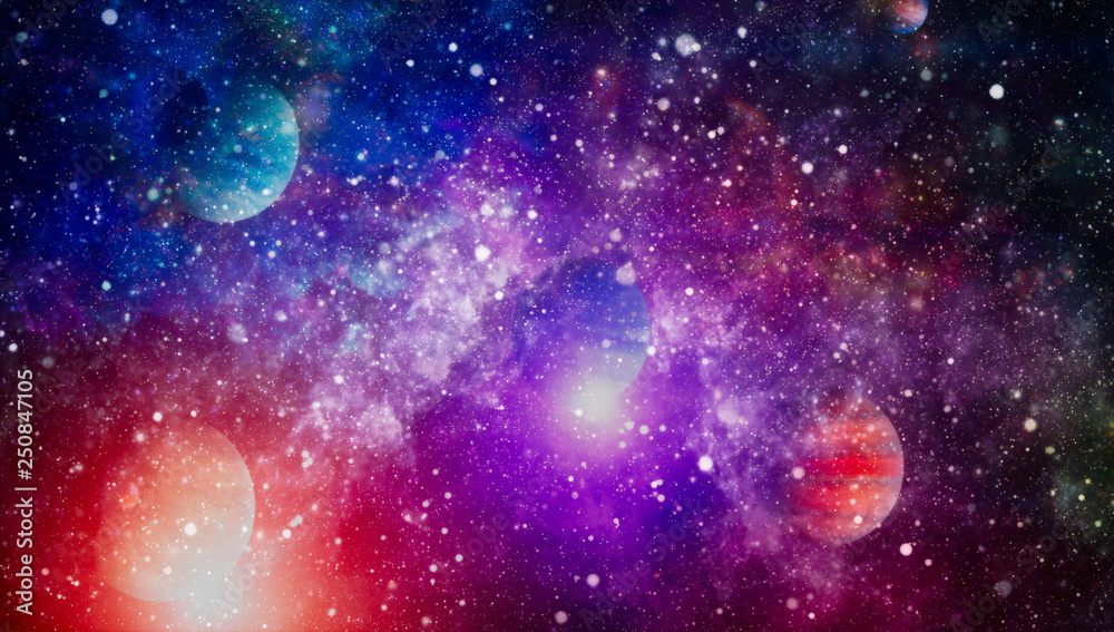 Nebula night starry sky in rainbow colors. Multicolor outer space. Star field and nebula in deep space many light years far from planet Earth. Elements of this image furnished by NASA. - obrazy, fototapety, plakaty 