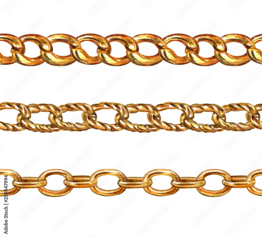 Obraz premium Set of gold chains, seamless border of chains, watercolor painting on a white background, isolated.